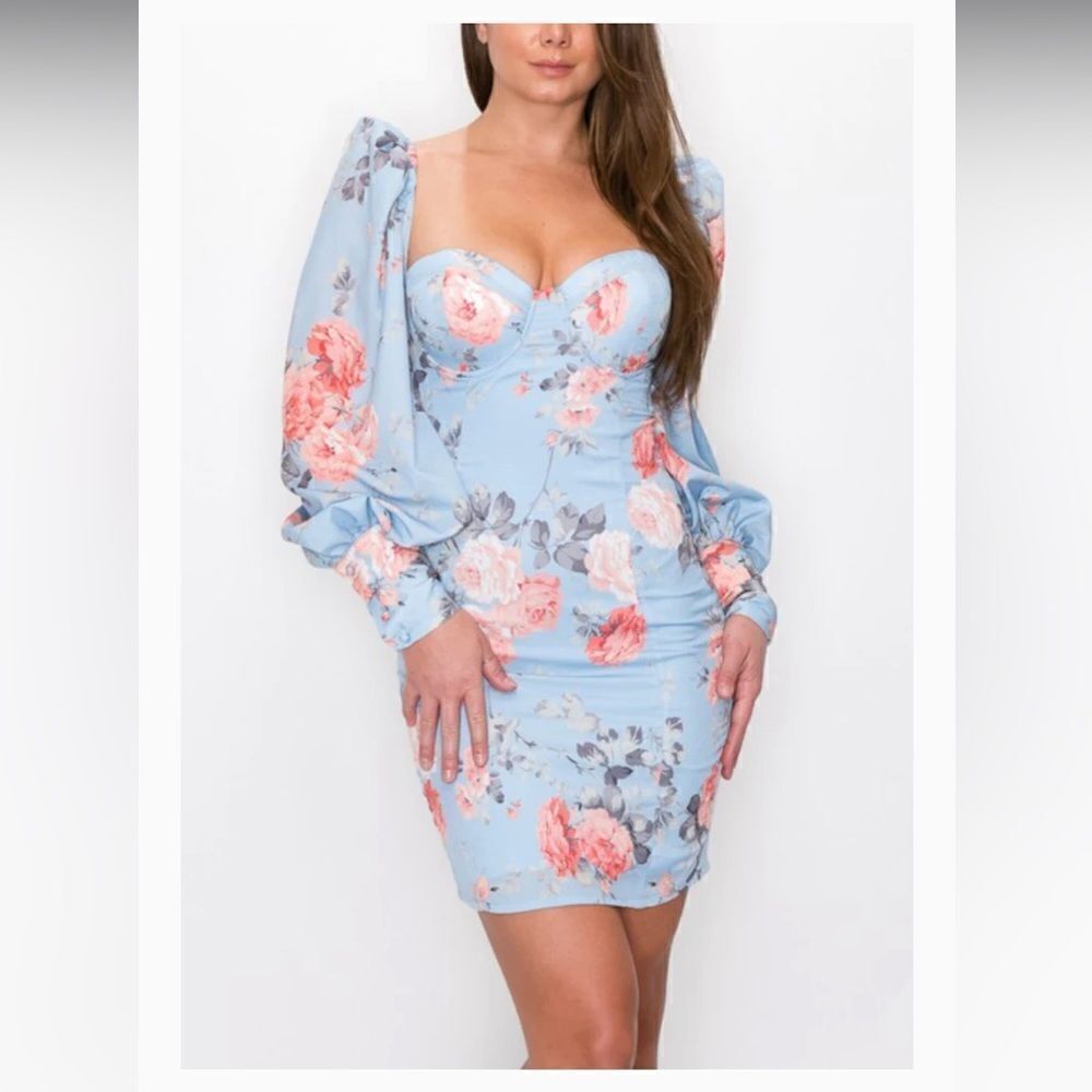 🍋 ChicMe • Women’s Blue Floral Dress w/Sweetheart Bustier Puff Sleeve Size L
